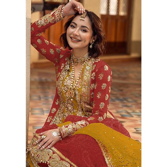 Shafnufab Women's Organza Semi Stitched Pakistani Suit And Anarkali Suit In Red Colour SF27160