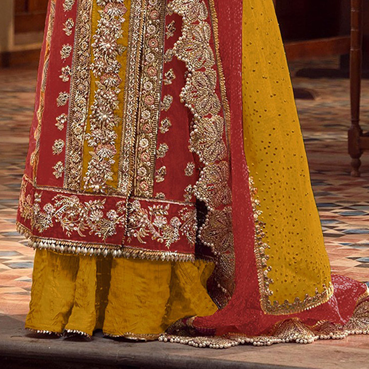 Shafnufab Women's Organza Semi Stitched Pakistani Suit And Anarkali Suit In Red Colour SF27160