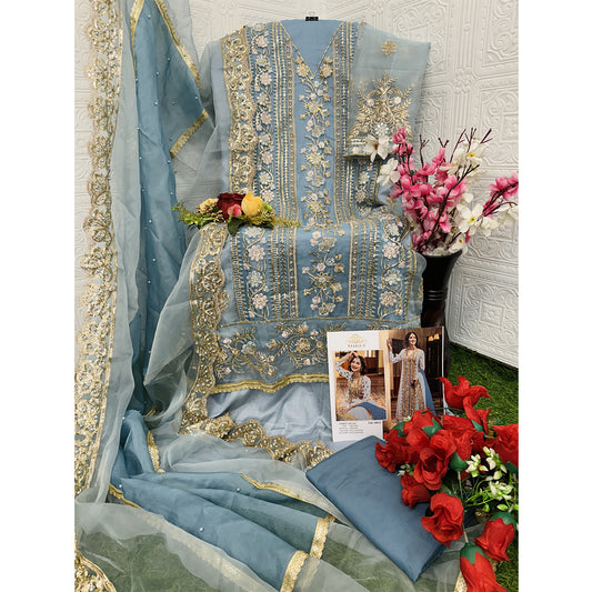 Shafnufab Women's Organza Semi Stitched Pakistani Suit And Anarkali Suit In Light Blue Colour SF27161