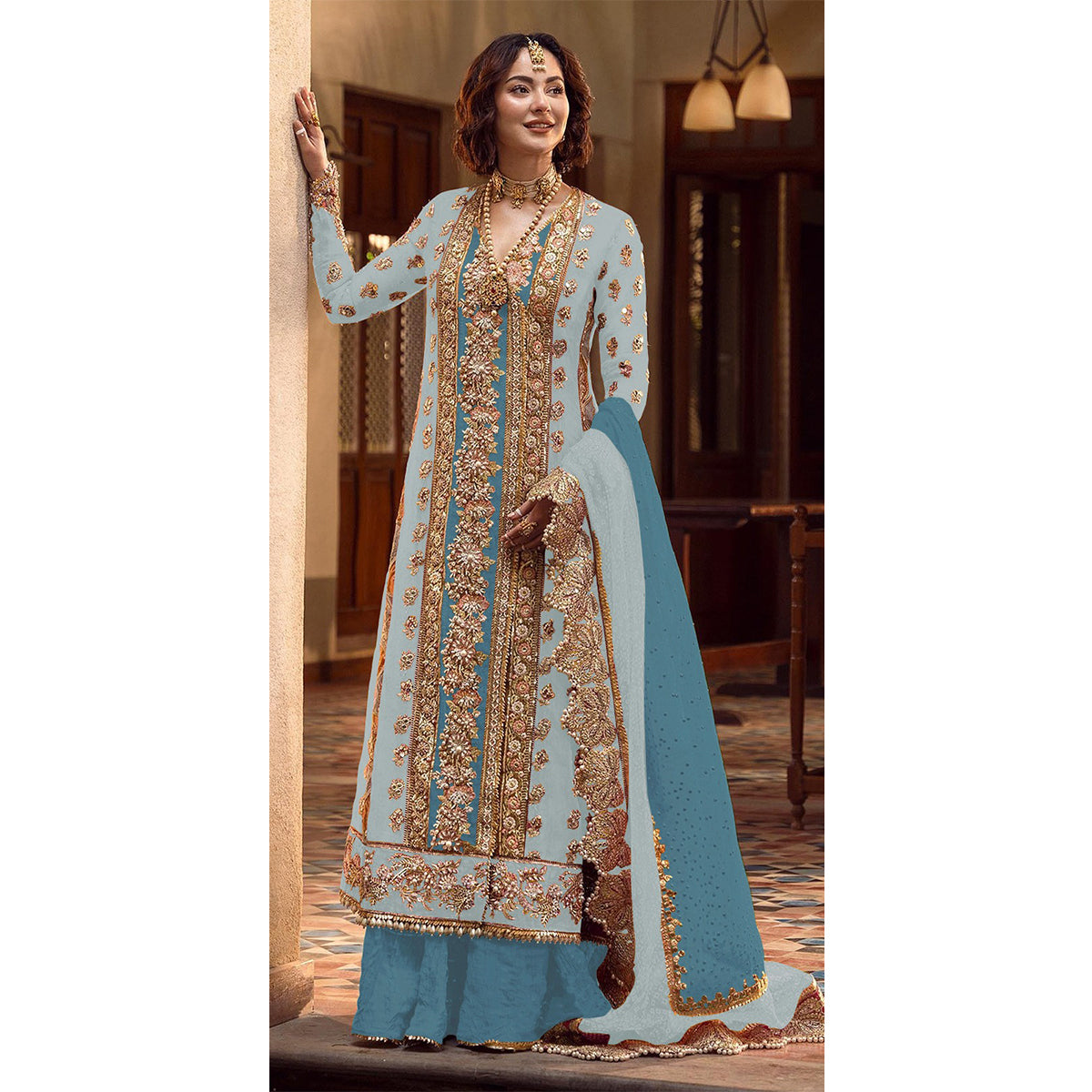 Shafnufab Women's Organza Semi Stitched Pakistani Suit And Anarkali Suit In Light Blue Colour SF27161