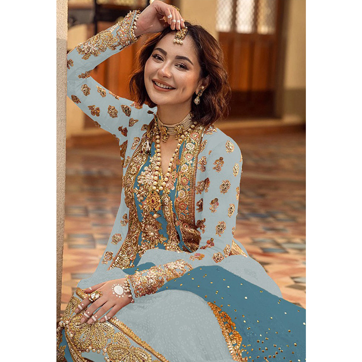 Shafnufab Women's Organza Semi Stitched Pakistani Suit And Anarkali Suit In Light Blue Colour SF27161
