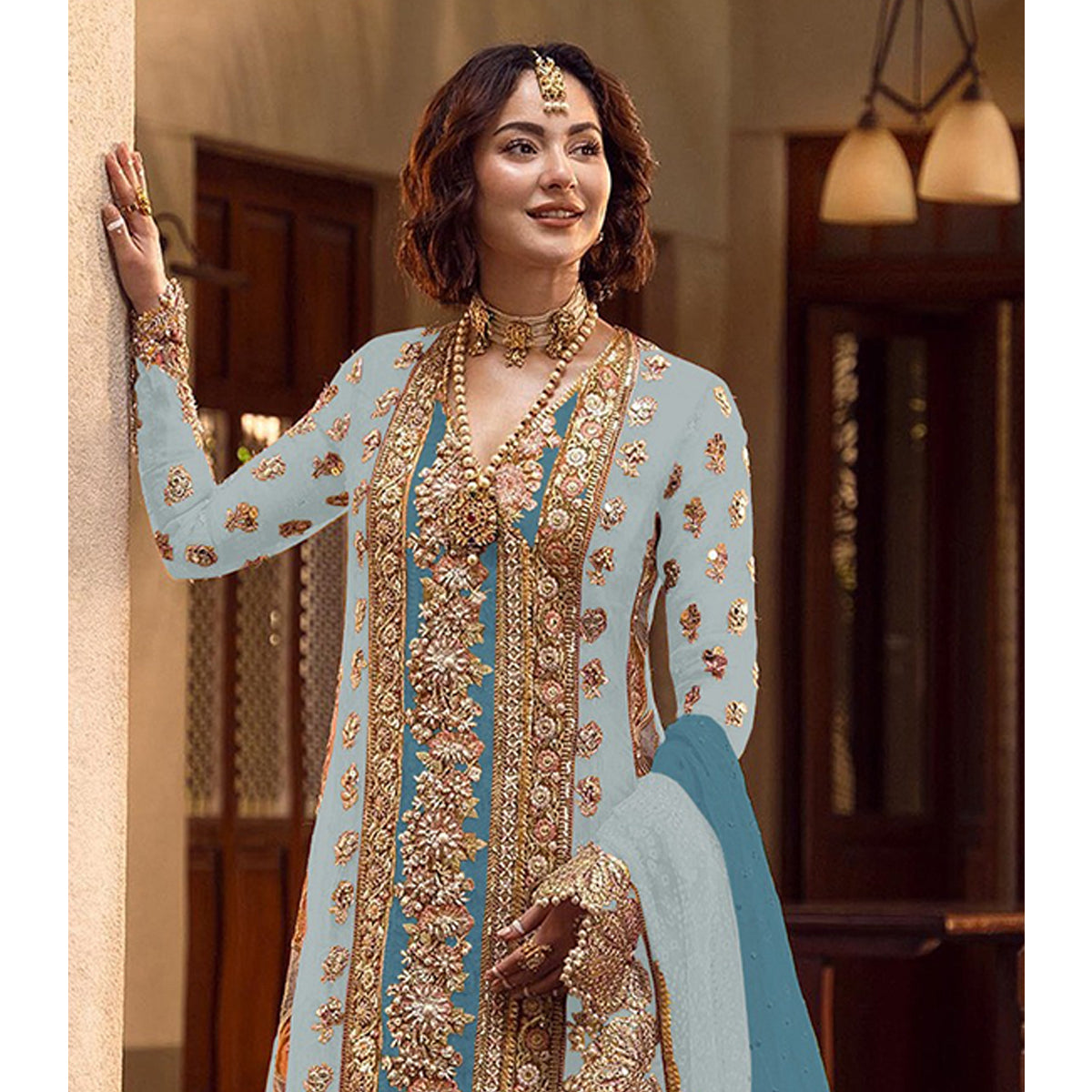 Shafnufab Women's Organza Semi Stitched Pakistani Suit And Anarkali Suit In Light Blue Colour SF27161