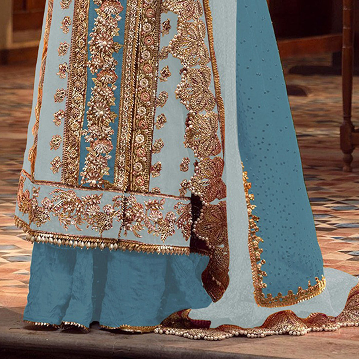 Shafnufab Women's Organza Semi Stitched Pakistani Suit And Anarkali Suit In Light Blue Colour SF27161
