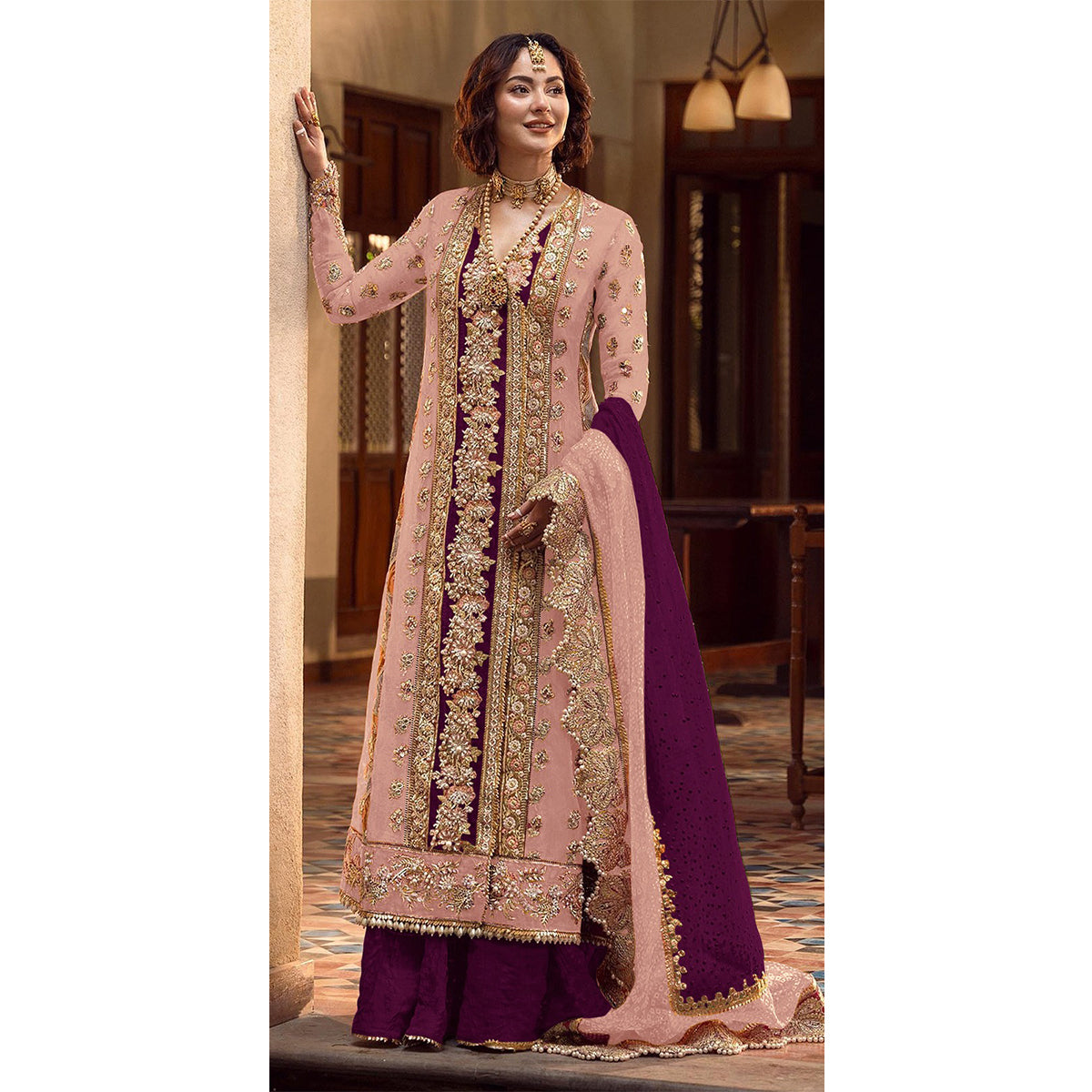 Shafnufab Women's Organza Semi Stitched Pakistani Suit And Anarkali Suit In Purple Colour SF27162