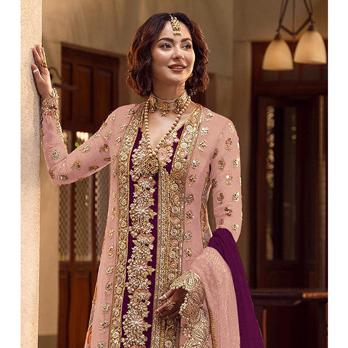 Shafnufab Women's Organza Semi Stitched Pakistani Suit And Anarkali Suit In Purple Colour SF27162