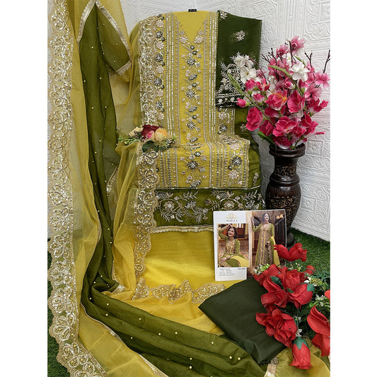 Shafnufab Women's Organza Semi Stitched Pakistani Suit And Anarkali Suit In Yellow Colour SF27163