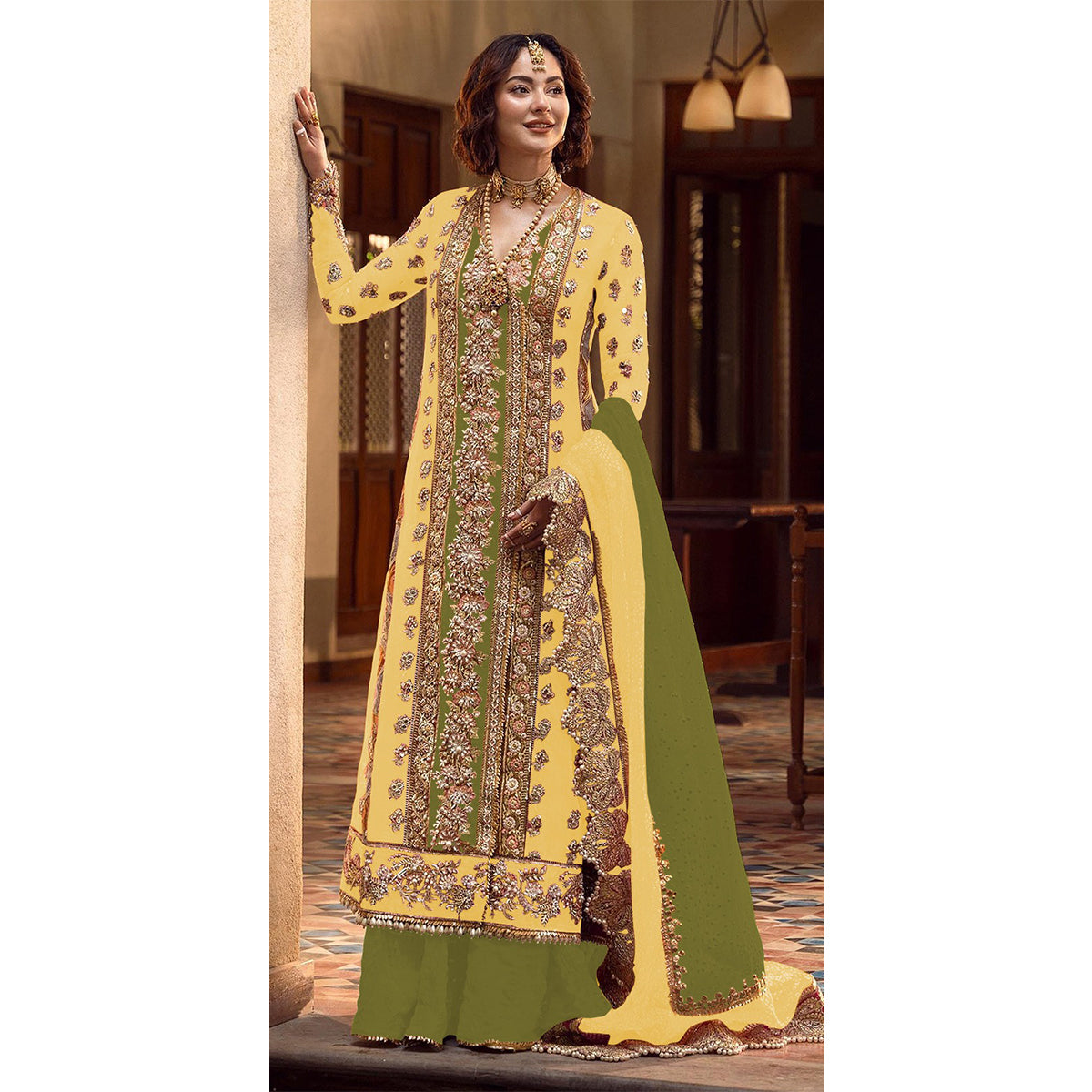 Shafnufab Women's Organza Semi Stitched Pakistani Suit And Anarkali Suit In Yellow Colour SF27163