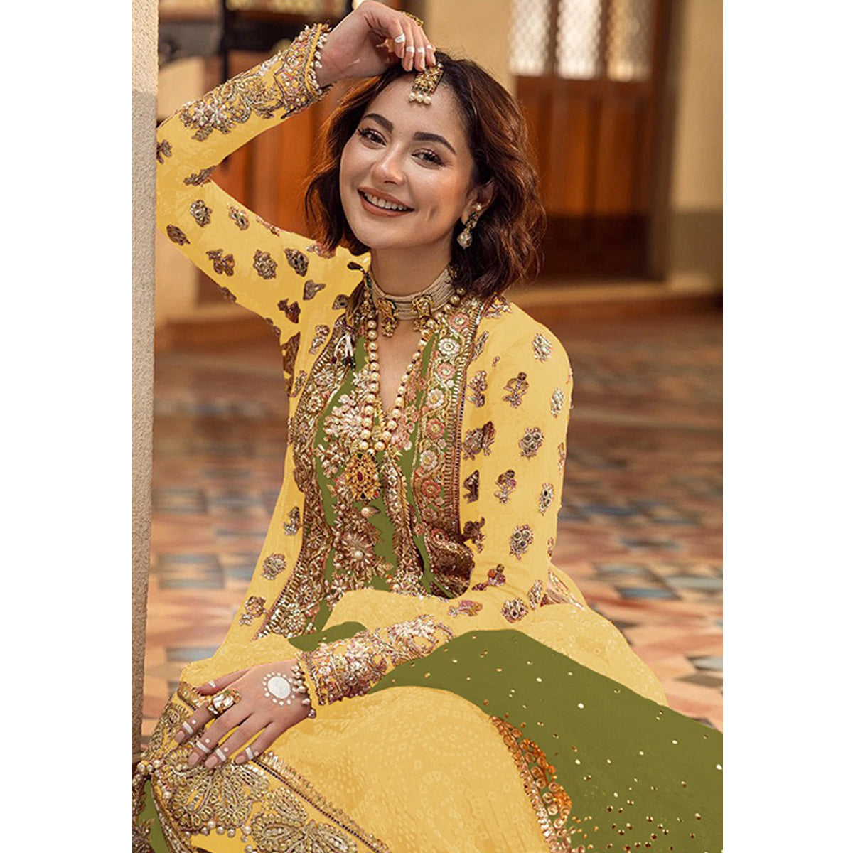 Shafnufab Women's Organza Semi Stitched Pakistani Suit And Anarkali Suit In Yellow Colour SF27163