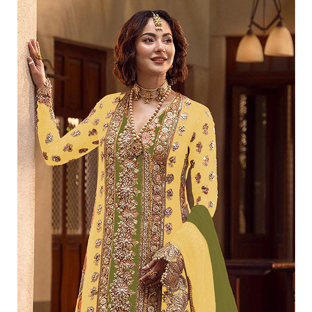Shafnufab Women's Organza Semi Stitched Pakistani Suit And Anarkali Suit In Yellow Colour SF27163