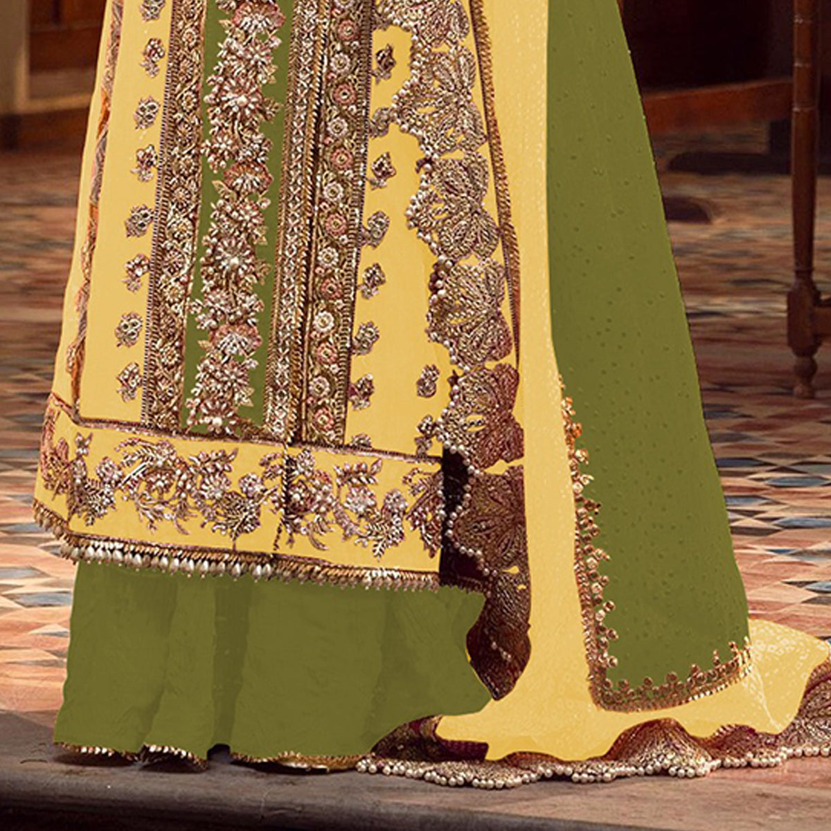 Shafnufab Women's Organza Semi Stitched Pakistani Suit And Anarkali Suit In Yellow Colour SF27163