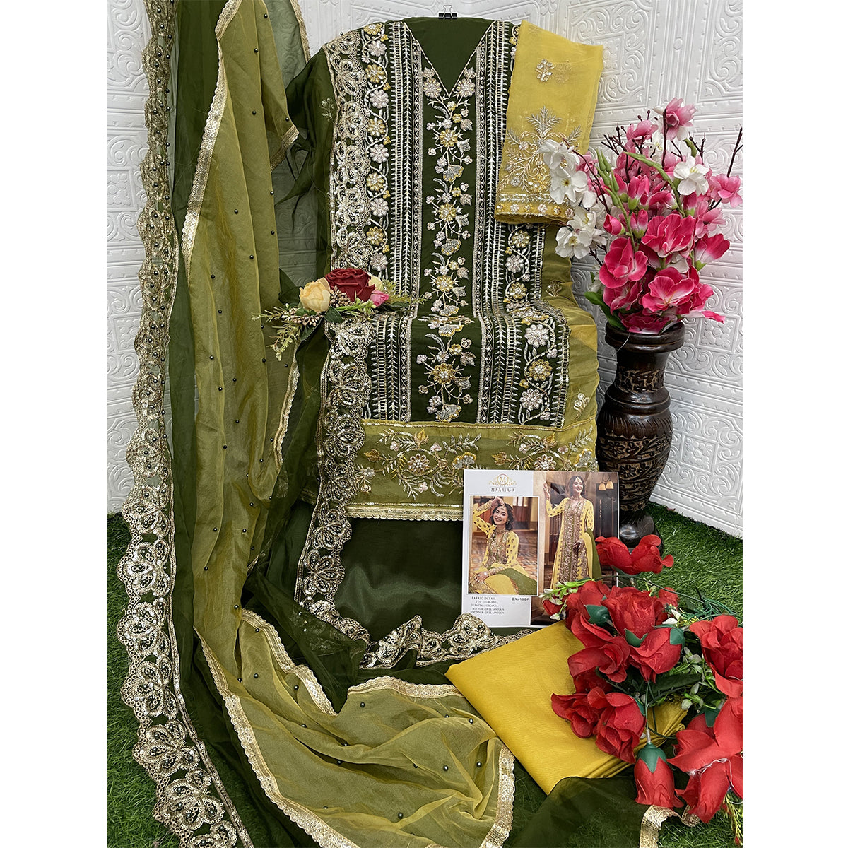 Shafnufab Women's Organza Semi Stitched Pakistani Suit And Anarkali Suit In Light Green Colour SF27164