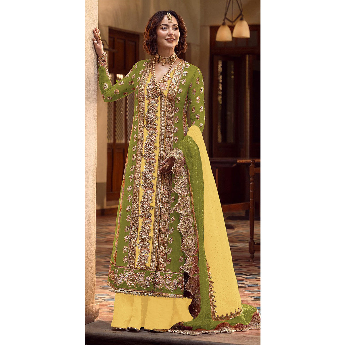 Shafnufab Women's Organza Semi Stitched Pakistani Suit And Anarkali Suit In Light Green Colour SF27164