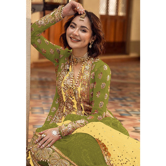 Shafnufab Women's Organza Semi Stitched Pakistani Suit And Anarkali Suit In Light Green Colour SF27164