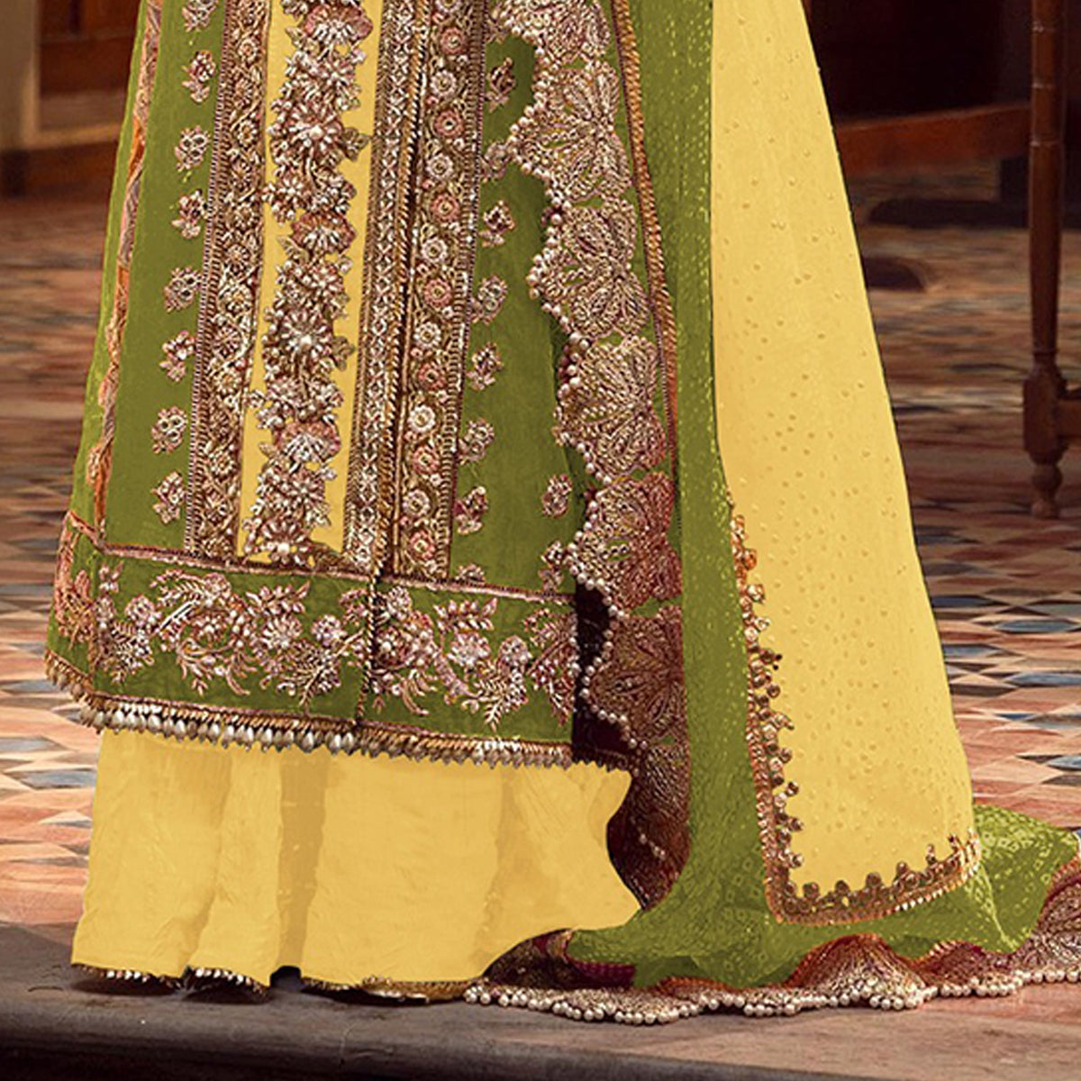 Shafnufab Women's Organza Semi Stitched Pakistani Suit And Anarkali Suit In Light Green Colour SF27164