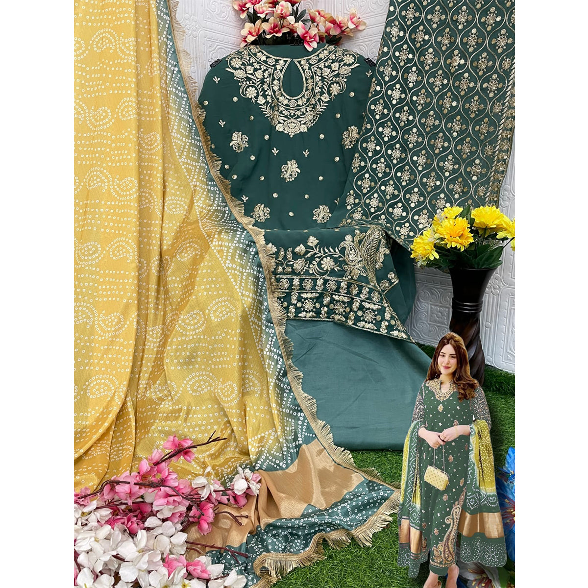 Shafnufab Women's Georgette Semi Stitched Pakistani Suit And Anarkali Suit In Green Colour SF27193