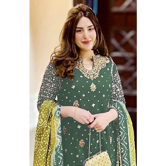 Shafnufab Women's Georgette Semi Stitched Pakistani Suit And Anarkali Suit In Green Colour SF27193