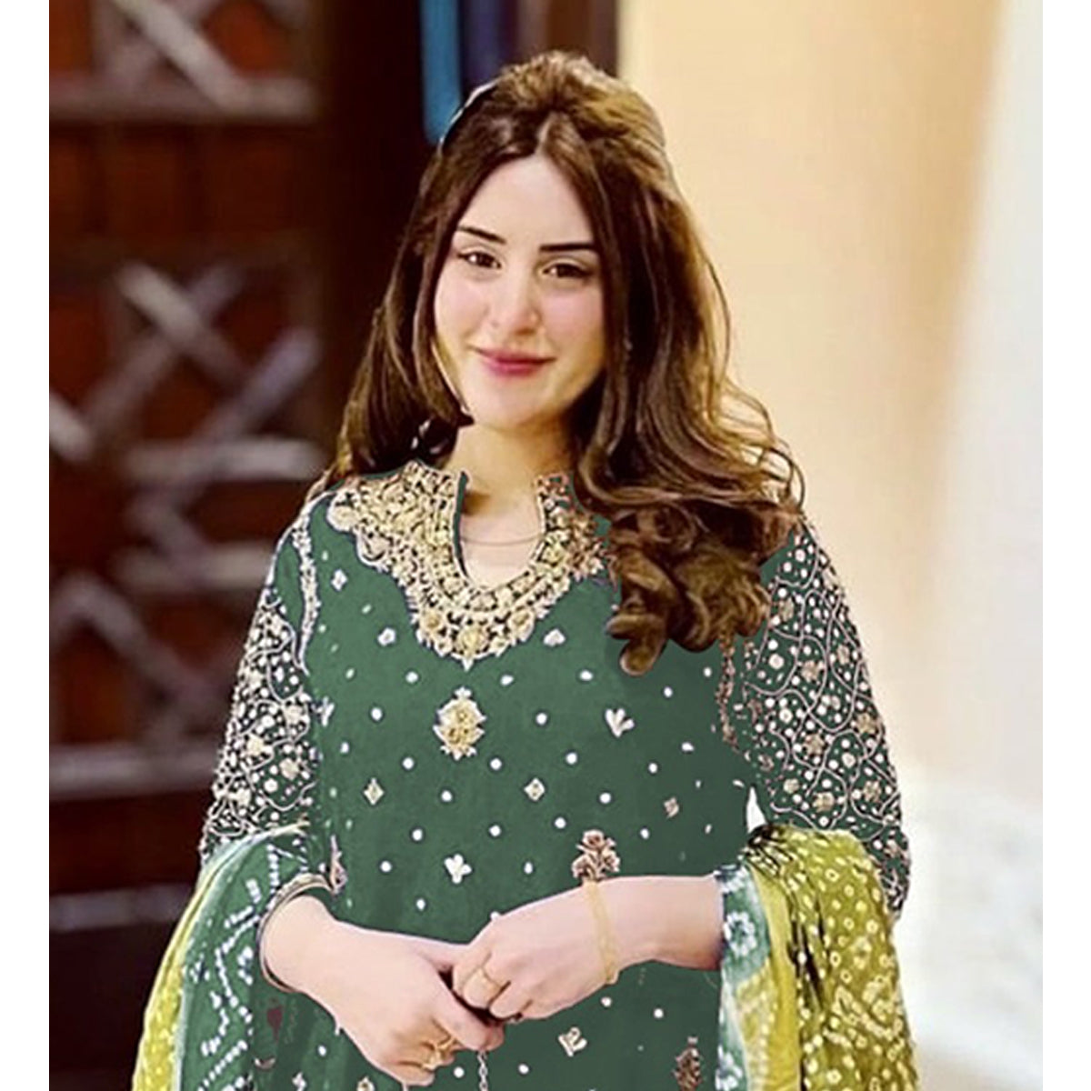Shafnufab Women's Georgette Semi Stitched Pakistani Suit And Anarkali Suit In Green Colour SF27193