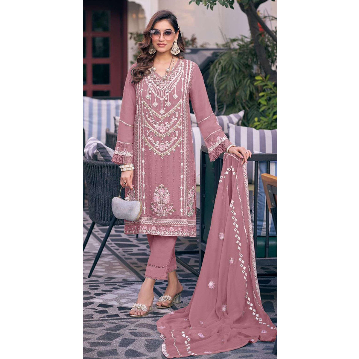 Shafnufab Women's Georgette Semi Stitched Pakistani Suit And Anarkali Suit In Pink Colour SF27194