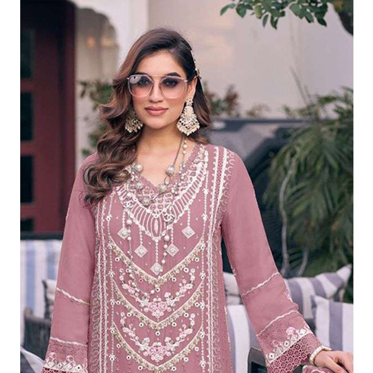 Shafnufab Women's Georgette Semi Stitched Pakistani Suit And Anarkali Suit In Pink Colour SF27194