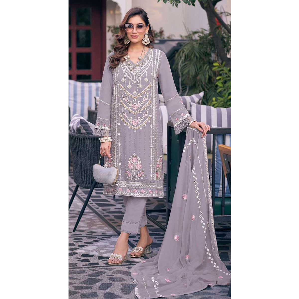 Shafnufab Women's Georgette Semi Stitched Pakistani Suit And Anarkali Suit In Purple Colour SF27195