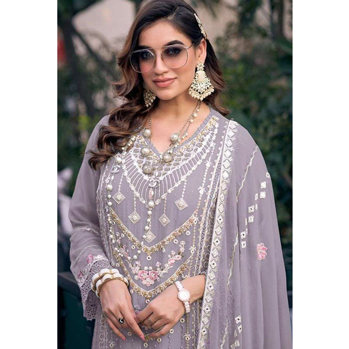 Shafnufab Women's Georgette Semi Stitched Pakistani Suit And Anarkali Suit In Purple Colour SF27195