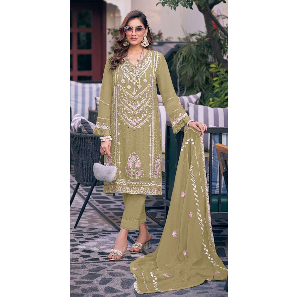 Shafnufab Women's Georgette Semi Stitched Pakistani Suit And Anarkali Suit In Light Green Colour SF27196