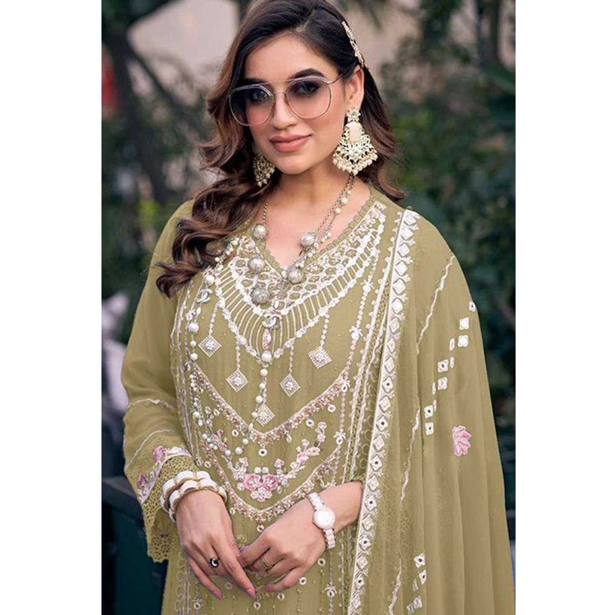 Shafnufab Women's Georgette Semi Stitched Pakistani Suit And Anarkali Suit In Light Green Colour SF27196