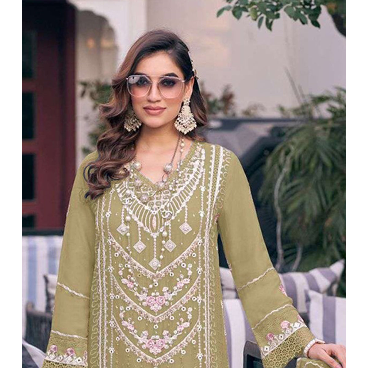 Shafnufab Women's Georgette Semi Stitched Pakistani Suit And Anarkali Suit In Light Green Colour SF27196