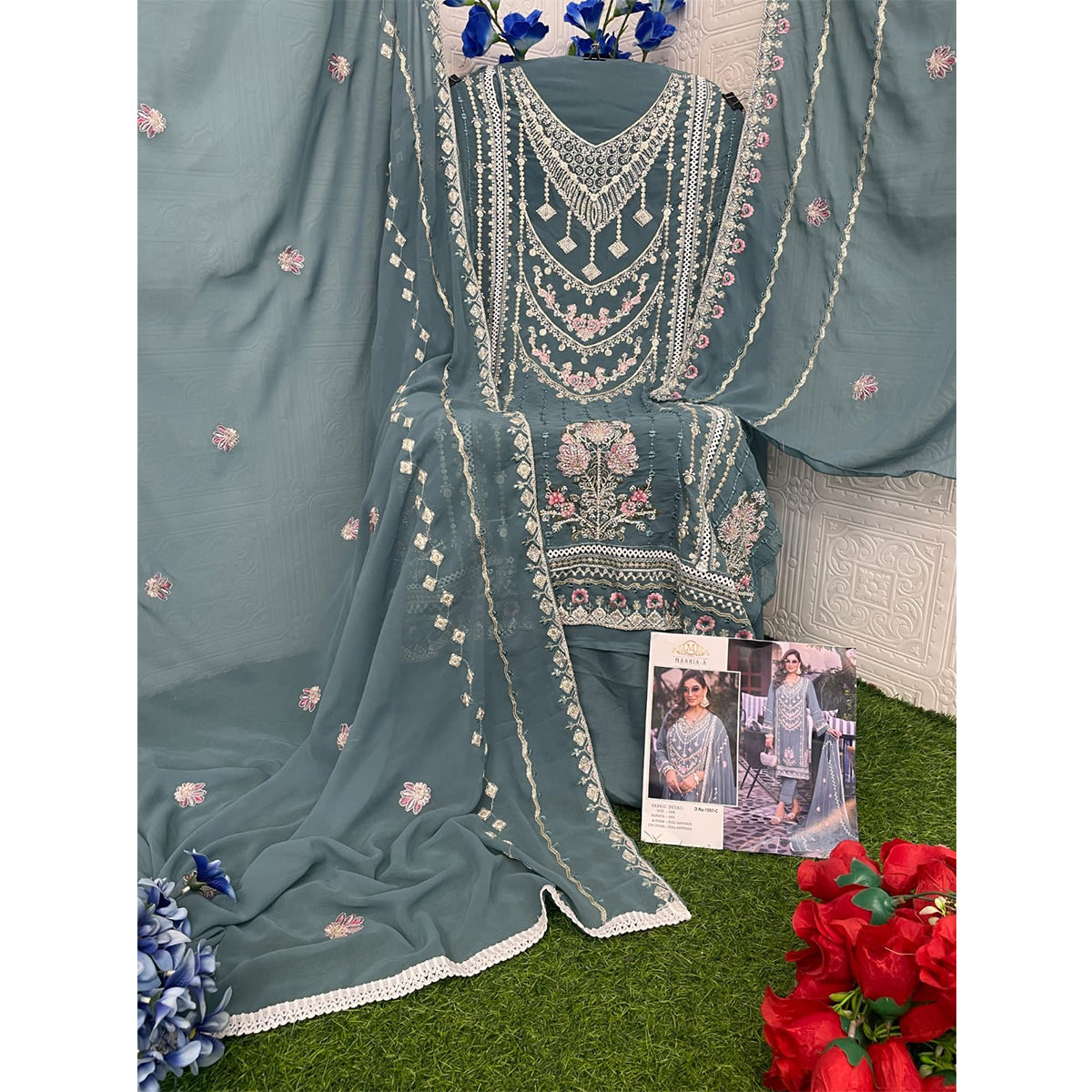Shafnufab Women's Georgette Semi Stitched Pakistani Suit And Anarkali Suit In Light Blue Colour SF27197