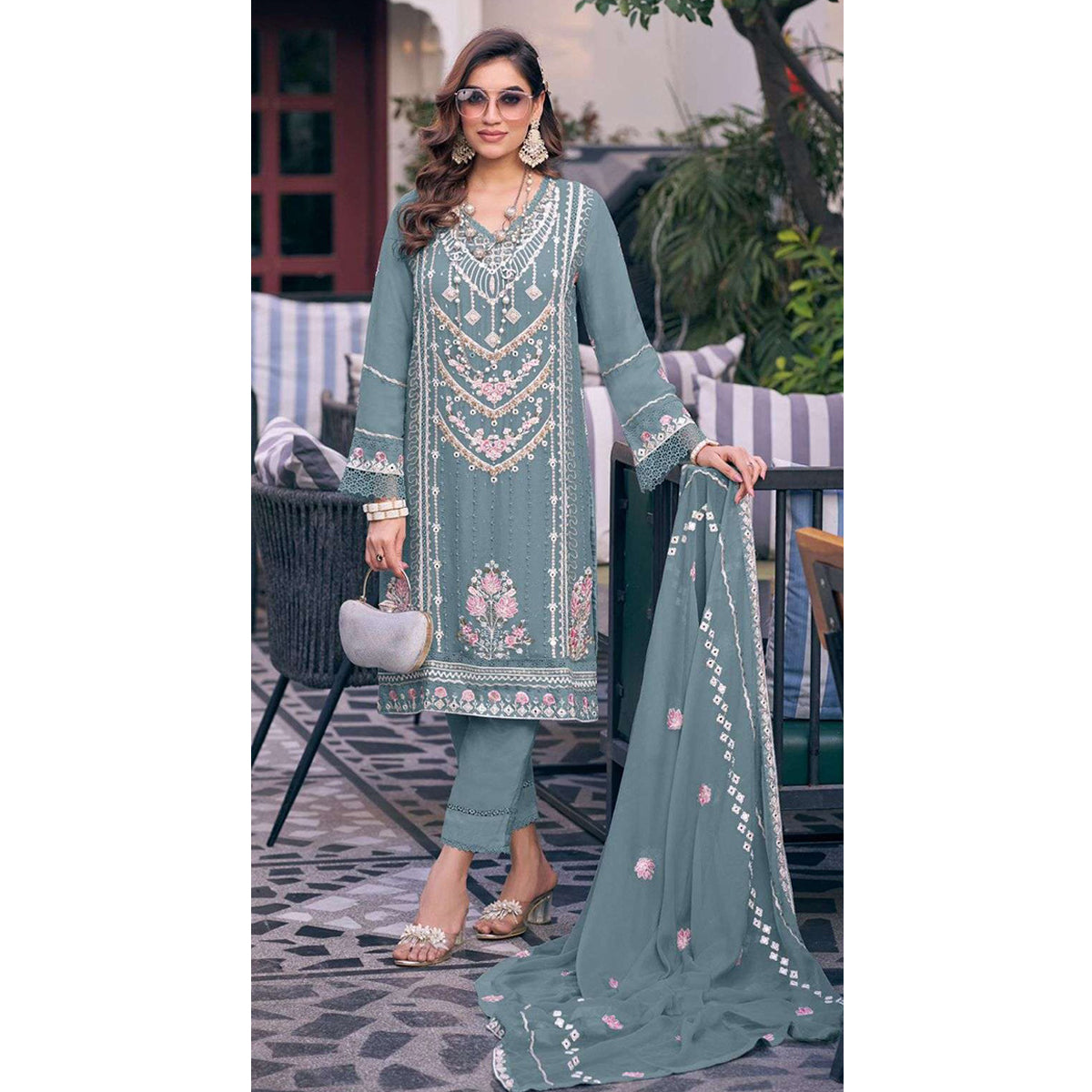 Shafnufab Women's Georgette Semi Stitched Pakistani Suit And Anarkali Suit In Light Blue Colour SF27197