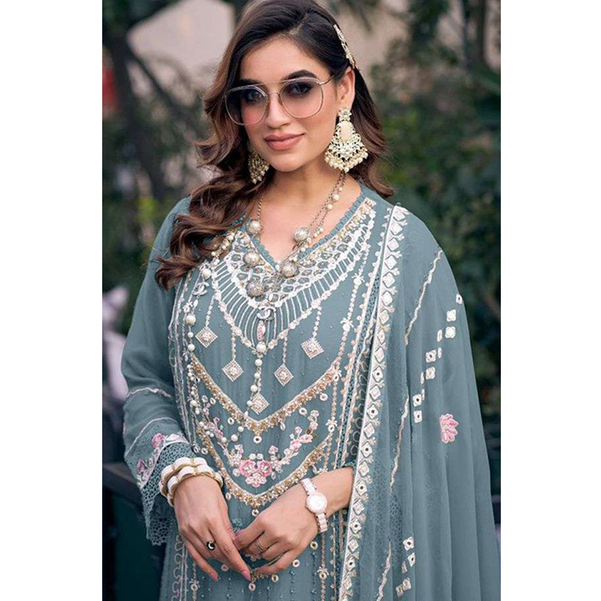 Shafnufab Women's Georgette Semi Stitched Pakistani Suit And Anarkali Suit In Light Blue Colour SF27197