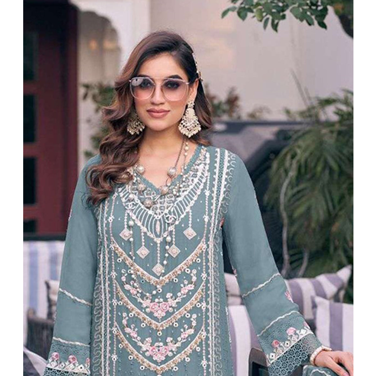 Shafnufab Women's Georgette Semi Stitched Pakistani Suit And Anarkali Suit In Light Blue Colour SF27197