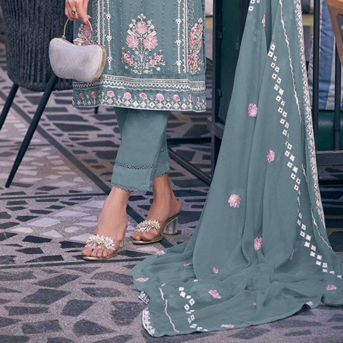 Shafnufab Women's Georgette Semi Stitched Pakistani Suit And Anarkali Suit In Light Blue Colour SF27197