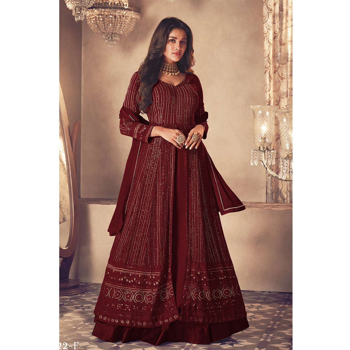 Shafnufab Georgette Fabric Maroon Color Sangeet Wear Sharara Top Lehenga