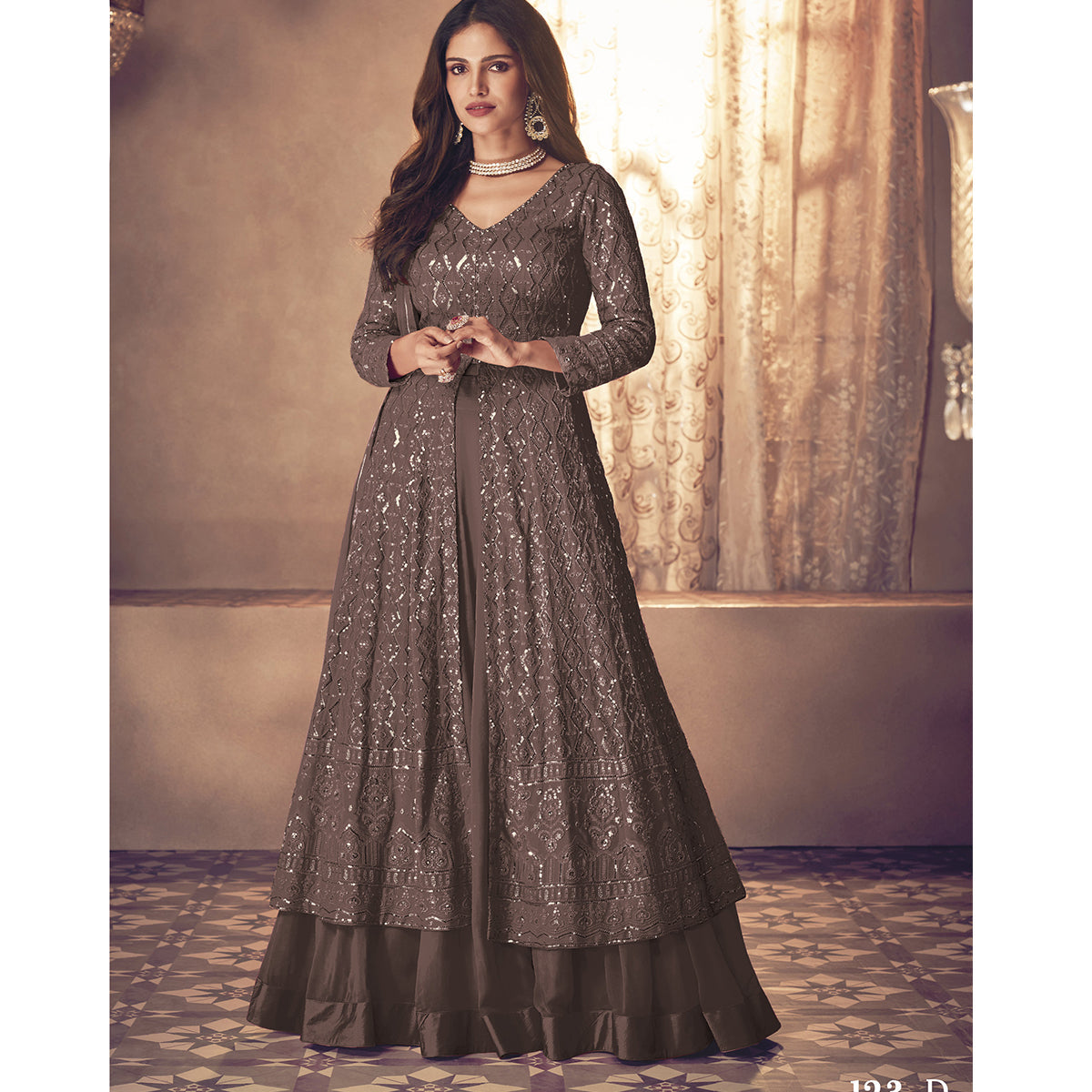 Shafnufab Georgette Fabric Brown Color Sangeet Wear Sharara Top Lehenga