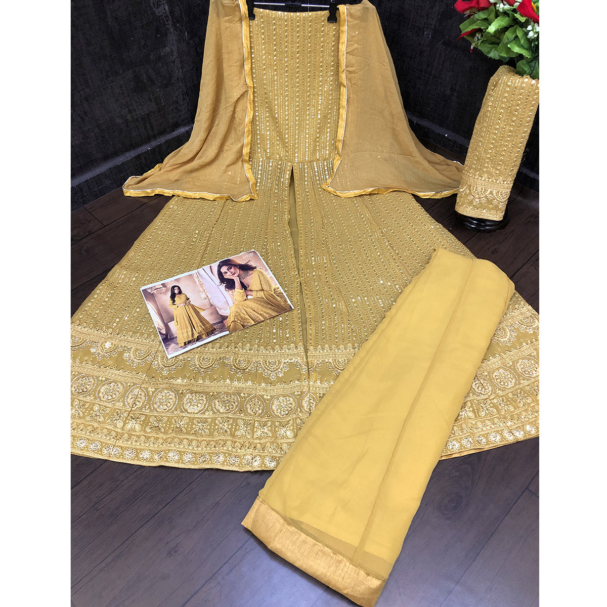 Shafnufab® Yellow Color Georgette Fabric Fancy Wear Designer Anarkali Suit