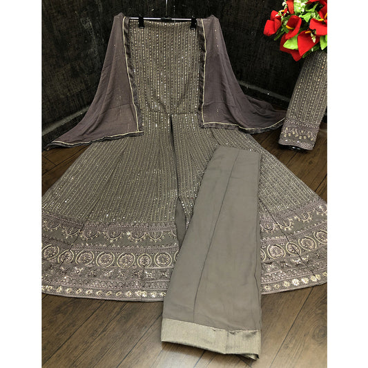 Shafnufab Grey Color Georgette Fabric Fancy Wear Designer Anarkali Suit