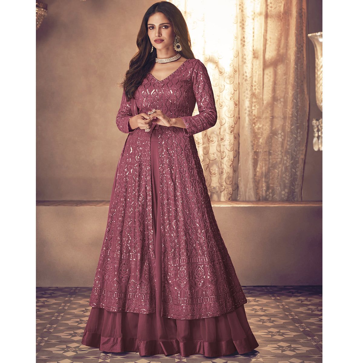 Shafnufab Georgette Fabric Pink Color Sangeet Wear Sharara Top Lehenga