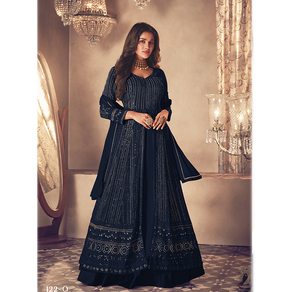Shafnufab Designer Party Wear Fox Georgette Suit - Navy Blue