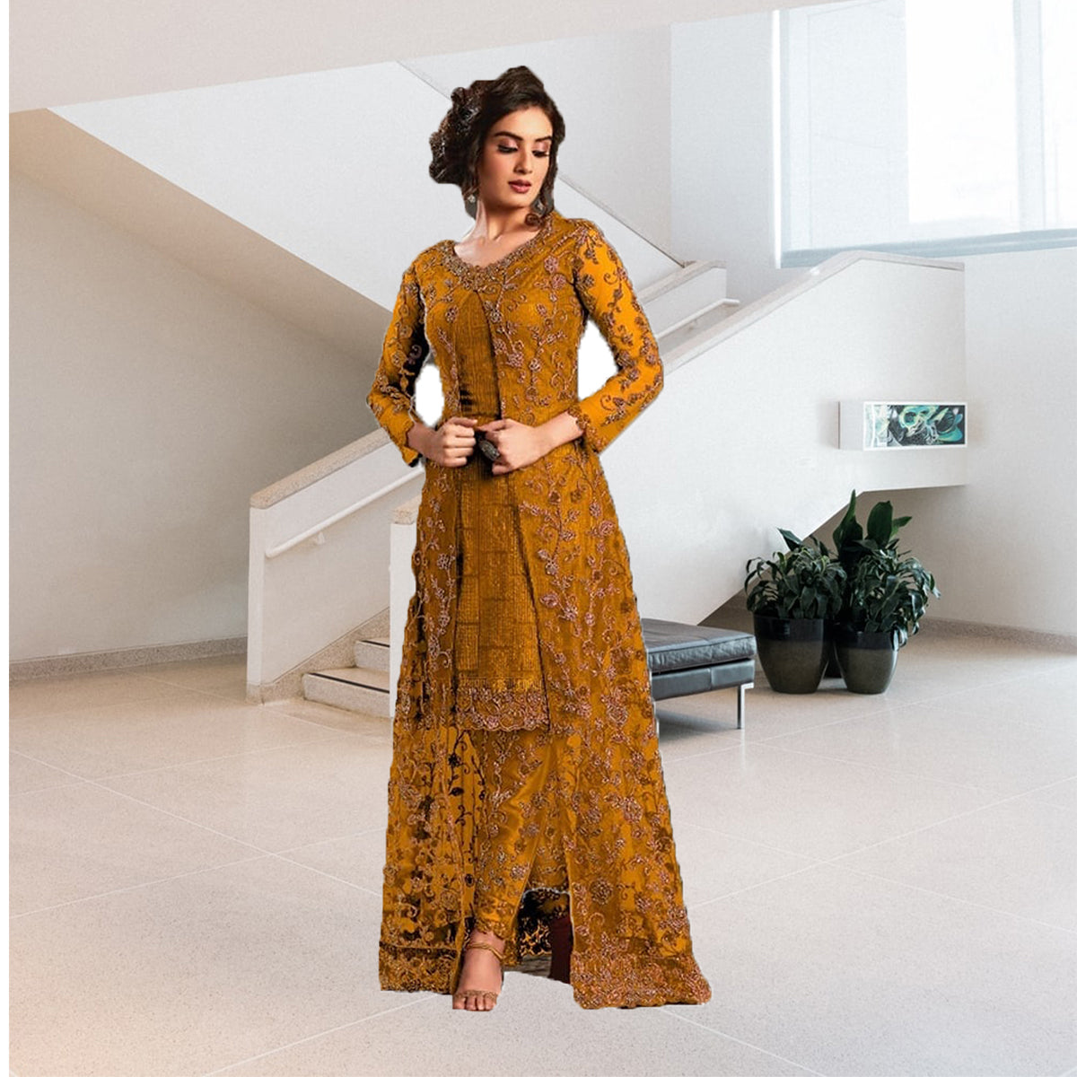 Shafnufab Yellow heavy net with embroidered work salwar suit with koti