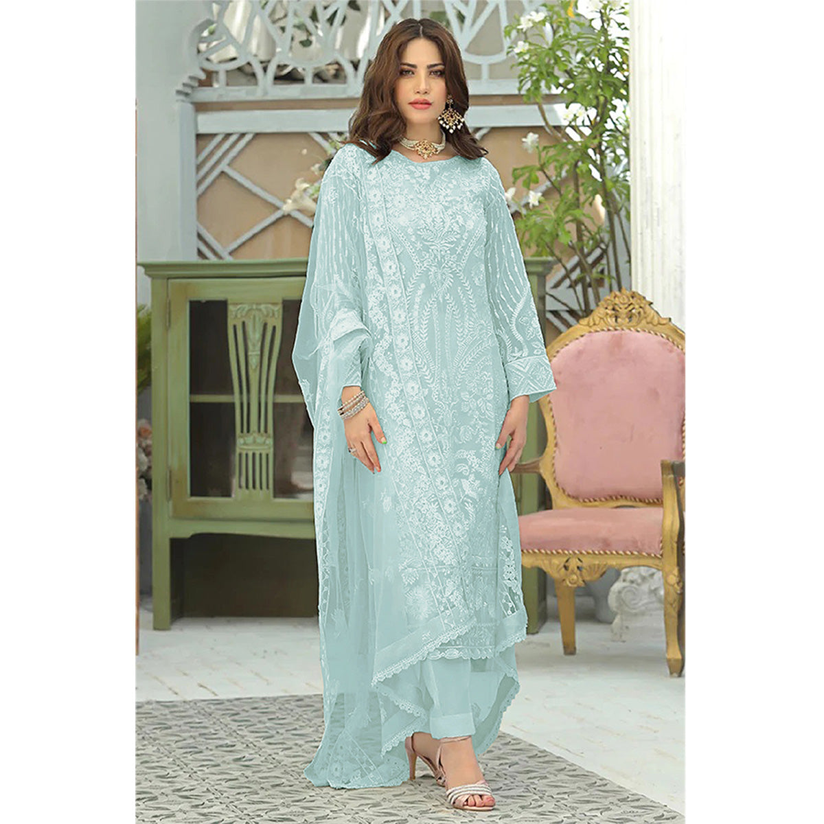 Sky Blue Kurti Design, Sky Blue Pakistani Suit
