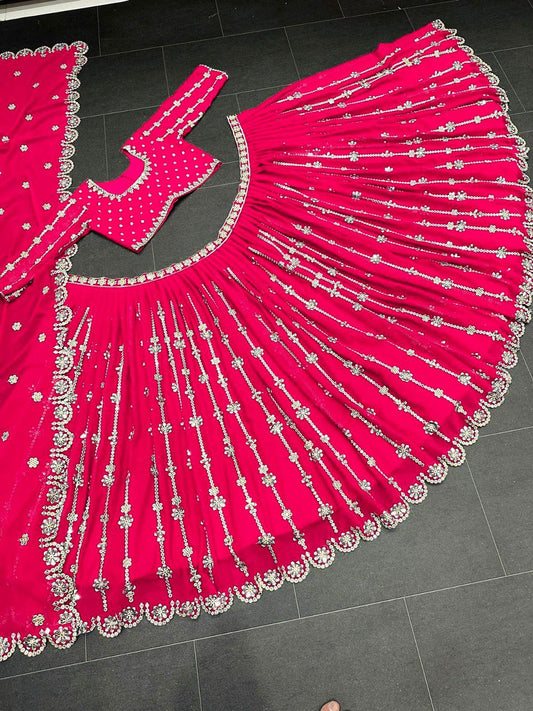 Shafnufab Women's Gorgette Lehenga Choli In Rani Pink Colour
