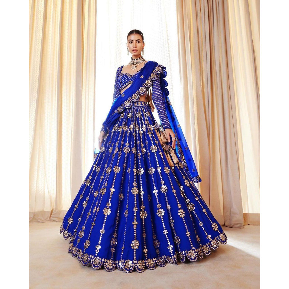 Shafnufab Women's Gorgette Lehenga Choli In Blue Colour