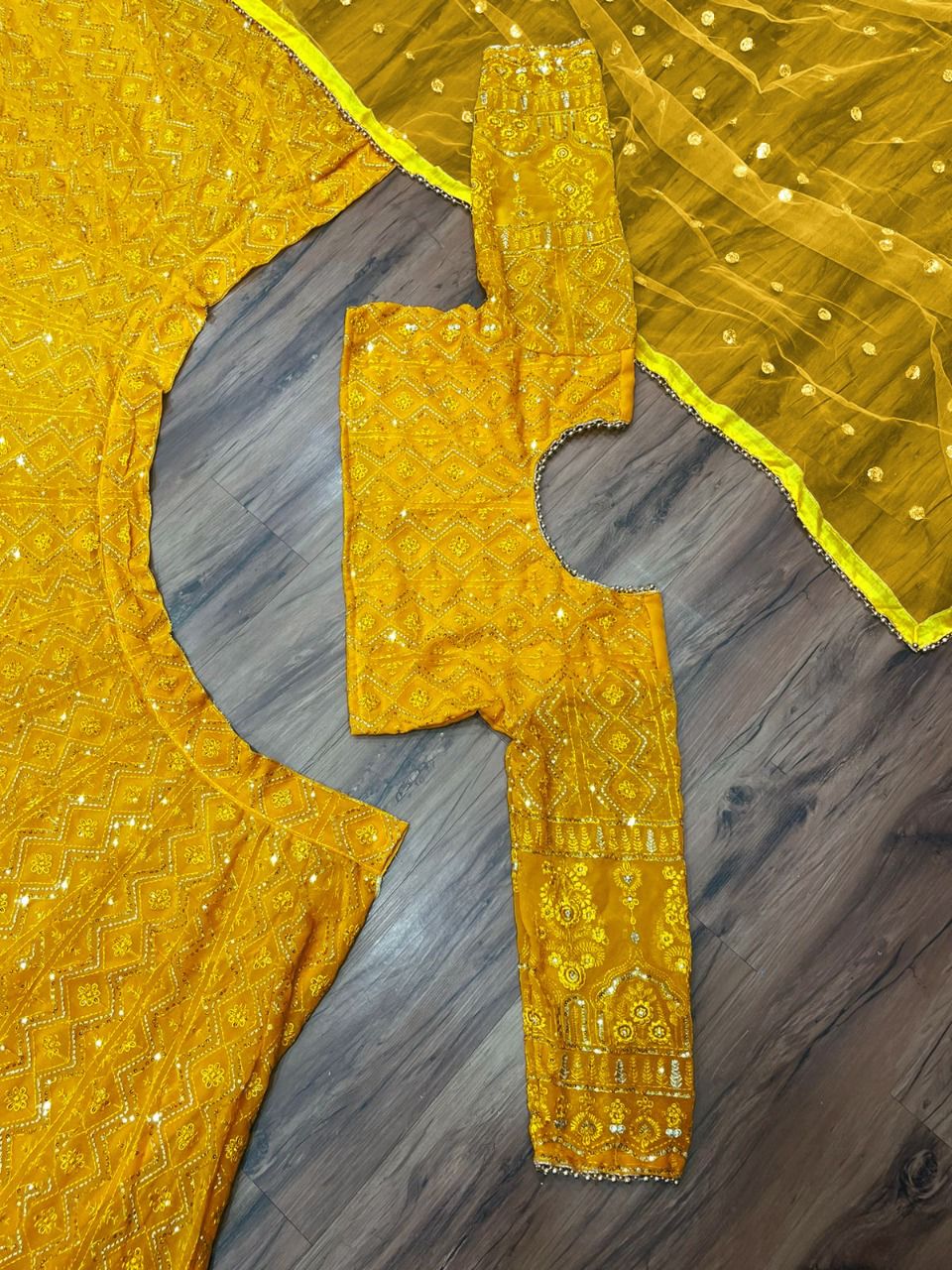 Shafnufab Women's Gorgette Lehenga Choli In Yellow Colour
