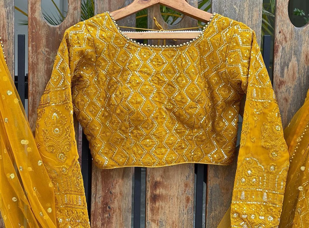 Shafnufab Women's Gorgette Lehenga Choli In Yellow Colour