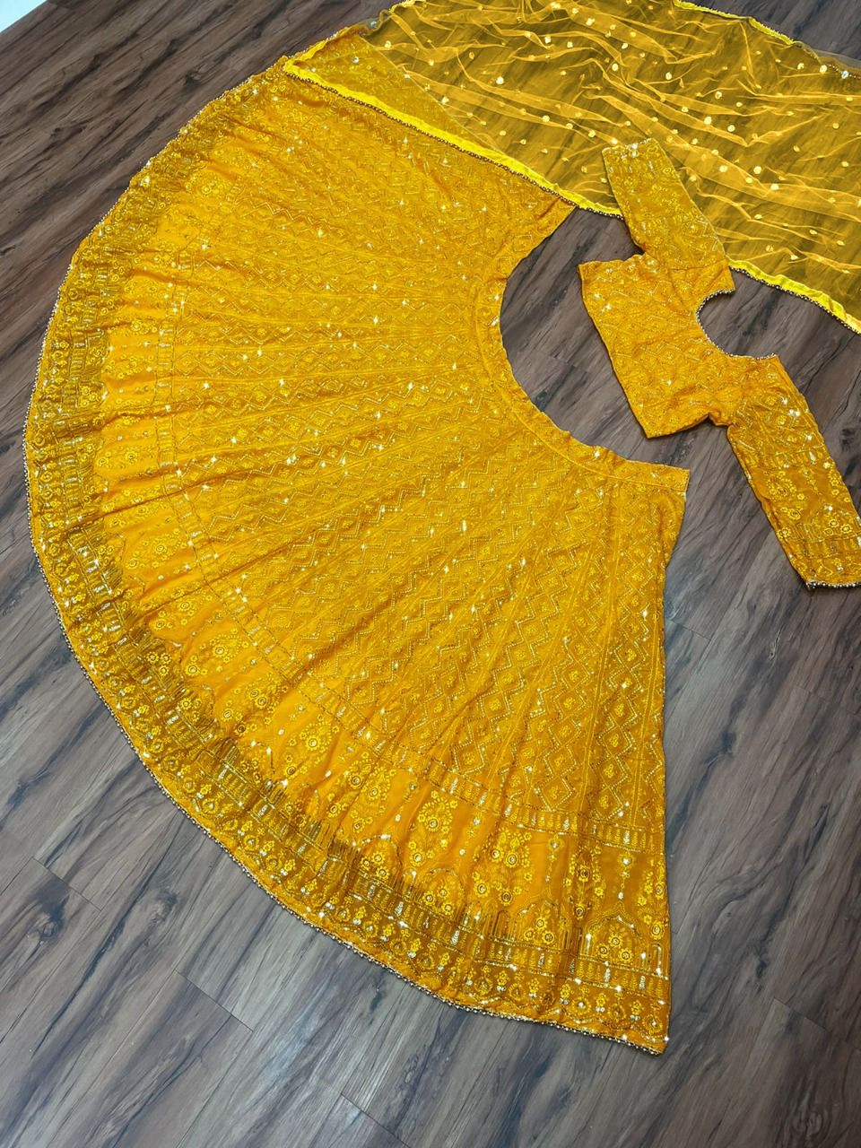 Shafnufab Women's Gorgette Lehenga Choli In Yellow Colour