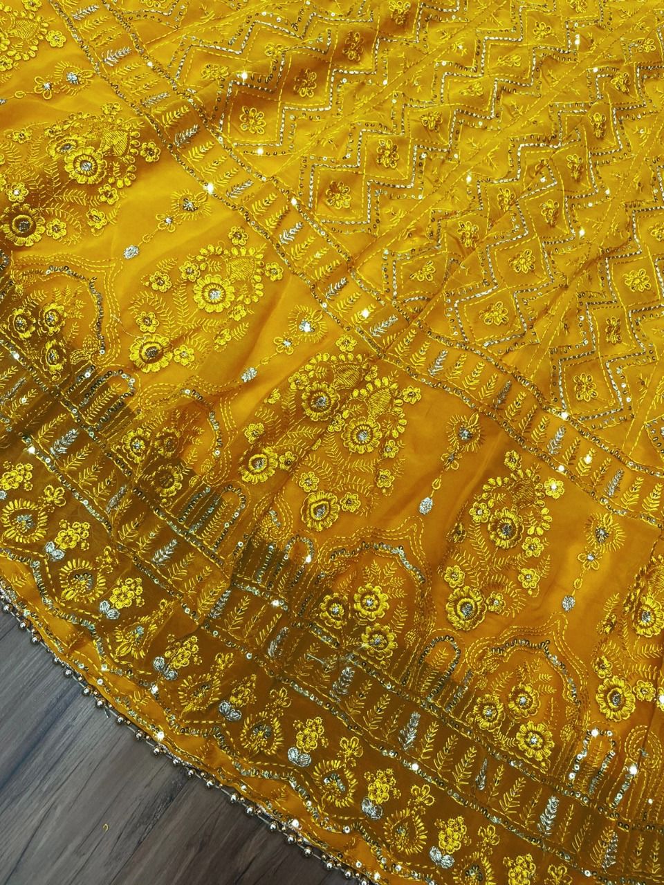 Shafnufab Women's Gorgette Lehenga Choli In Yellow Colour