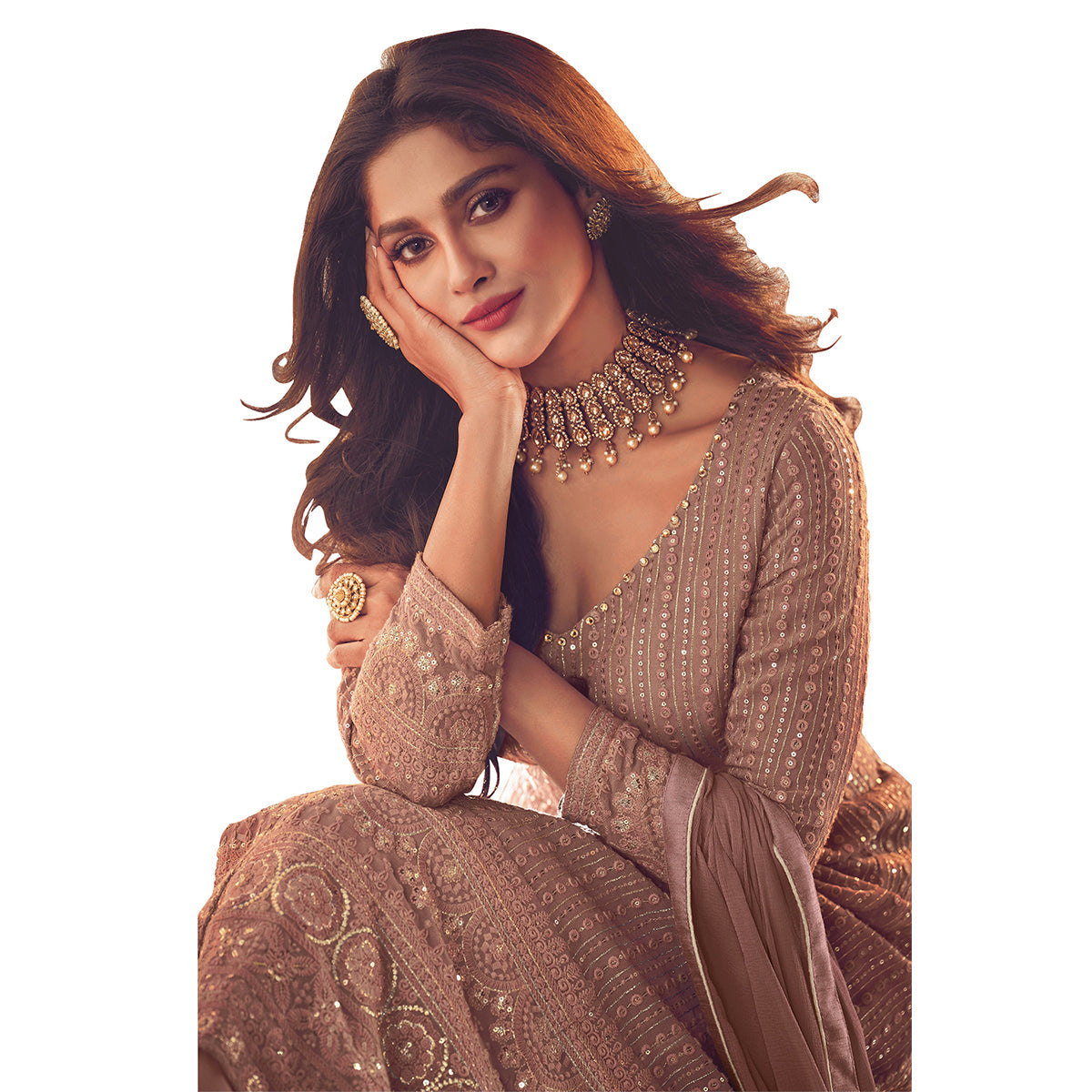 Shafnufab Brown Color Georgette Fabric Fancy Wear Designer Anarkali Suit