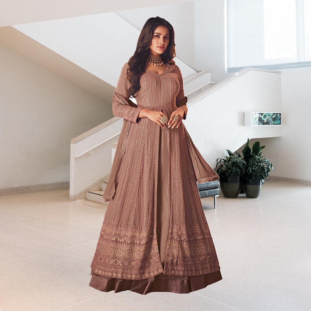 Shafnufab Brown Color Georgette Fabric Fancy Wear Designer Anarkali Suit