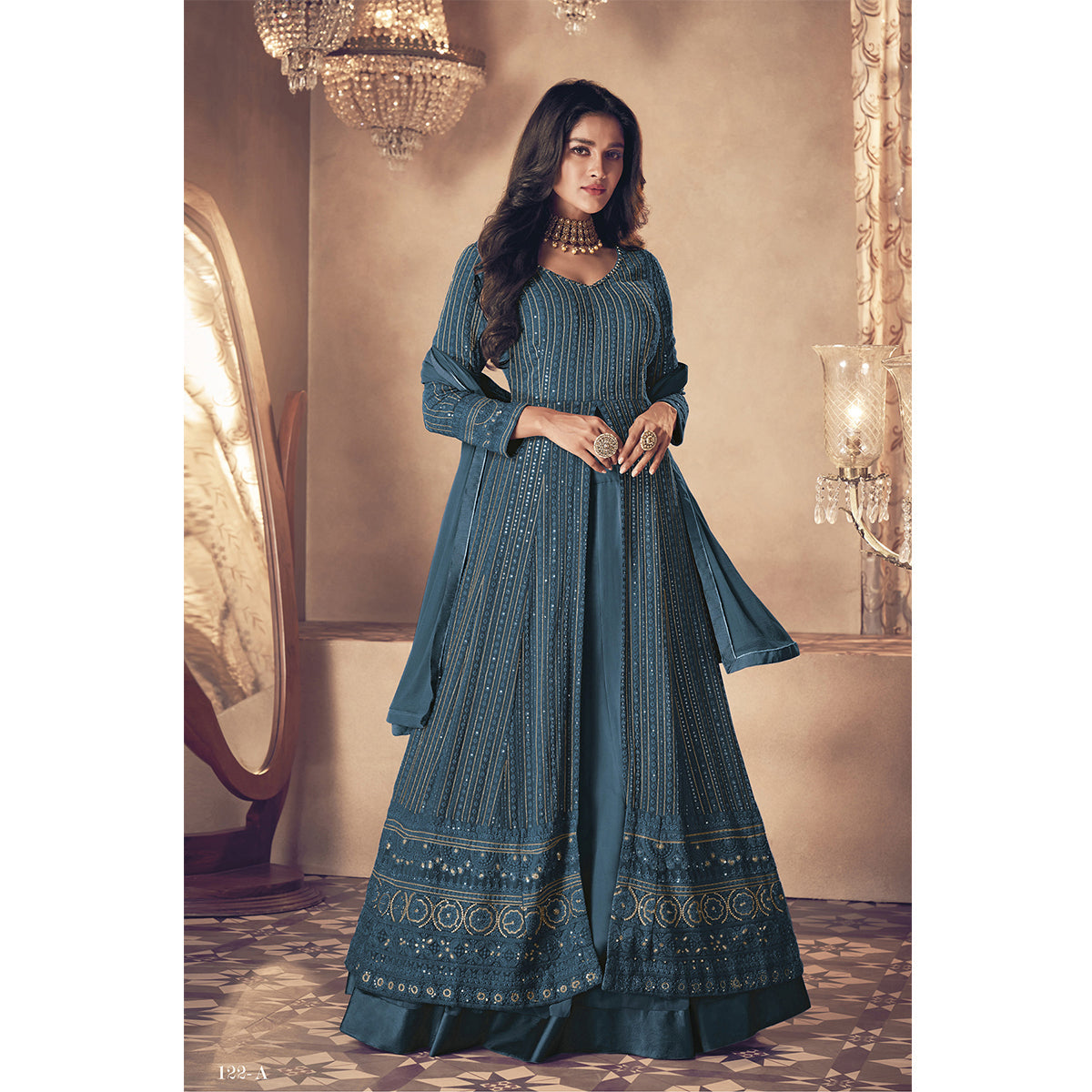 Heavy Real Georgette Party Wear Gown In Turquoise Color With